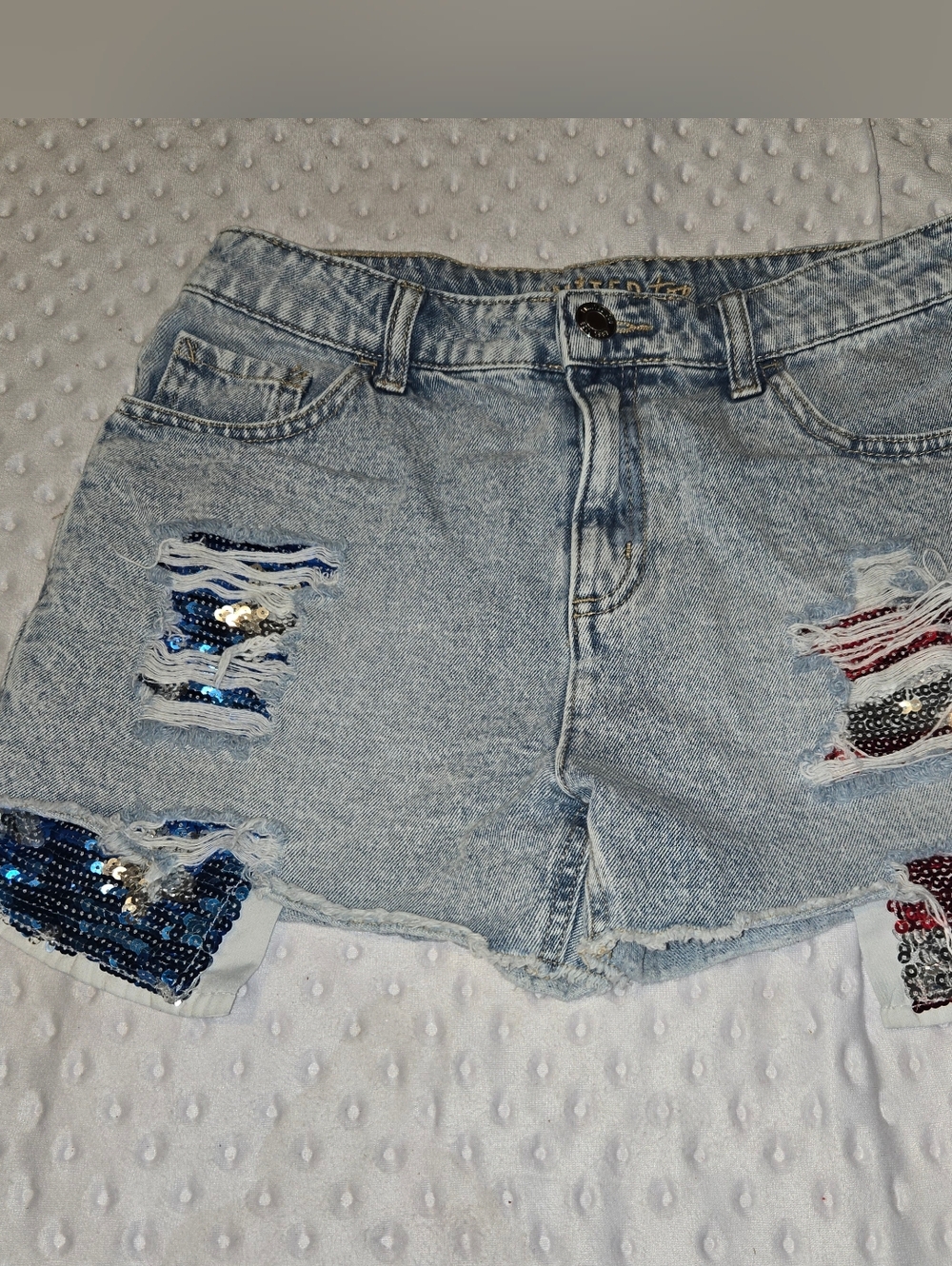 Limited Too Shorts American Flag USA Sequin Graphic Denim Bling Fray 28in Waist‎